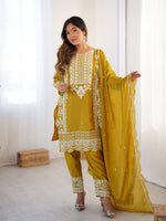 Thumbnail for Prazu Fashion Yellow Chinon Silk Embroidered Salwar Suit