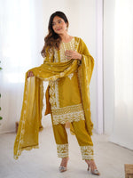 Thumbnail for Prazu Fashion Yellow Chinon Silk Embroidered Salwar Suit