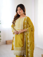 Thumbnail for Prazu Fashion Yellow Chinon Silk Embroidered Salwar Suit