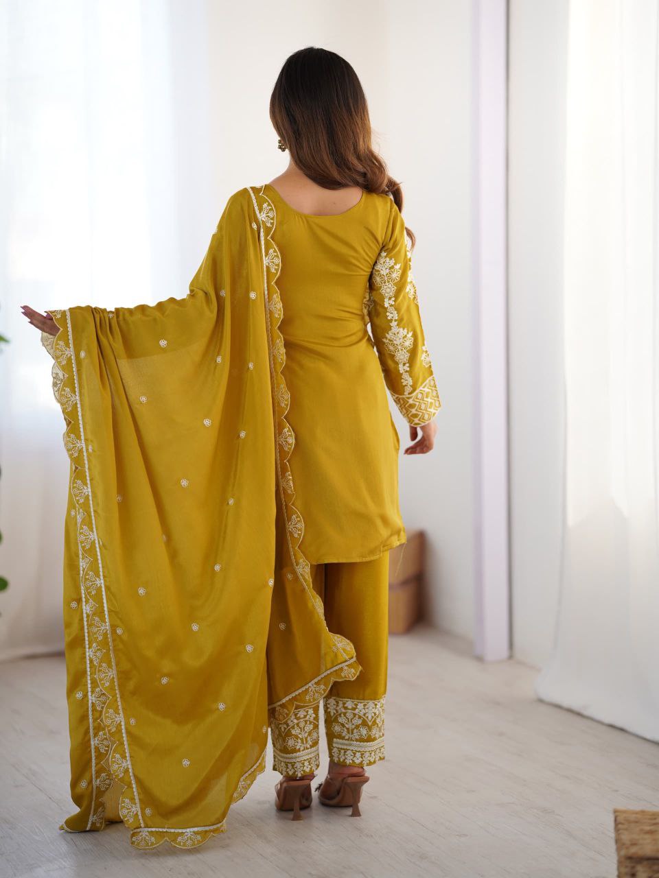 Prazu Fashion Yellow Chinon Silk Embroidered Salwar Suit