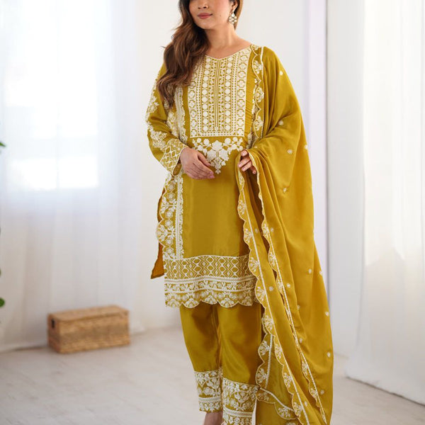 Prazu Fashion Yellow Chinon Silk Embroidered Salwar Suit