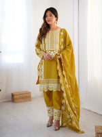 Thumbnail for Prazu Fashion Yellow Chinon Silk Embroidered Salwar Suit