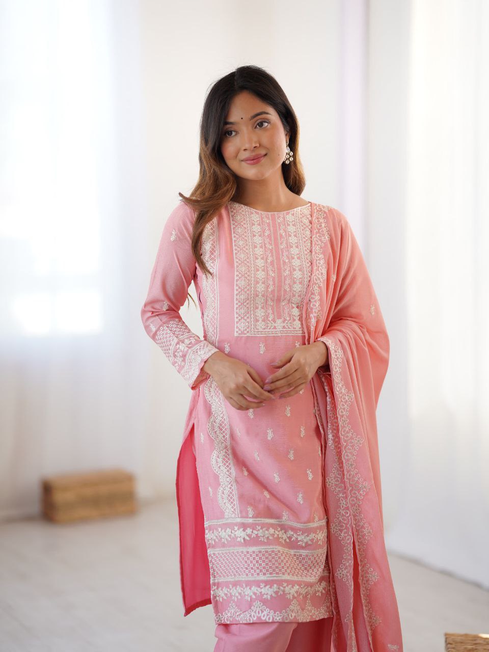 Prazu Fashion Baby Pink Chinon Silk Embroidered Salwar Suit
