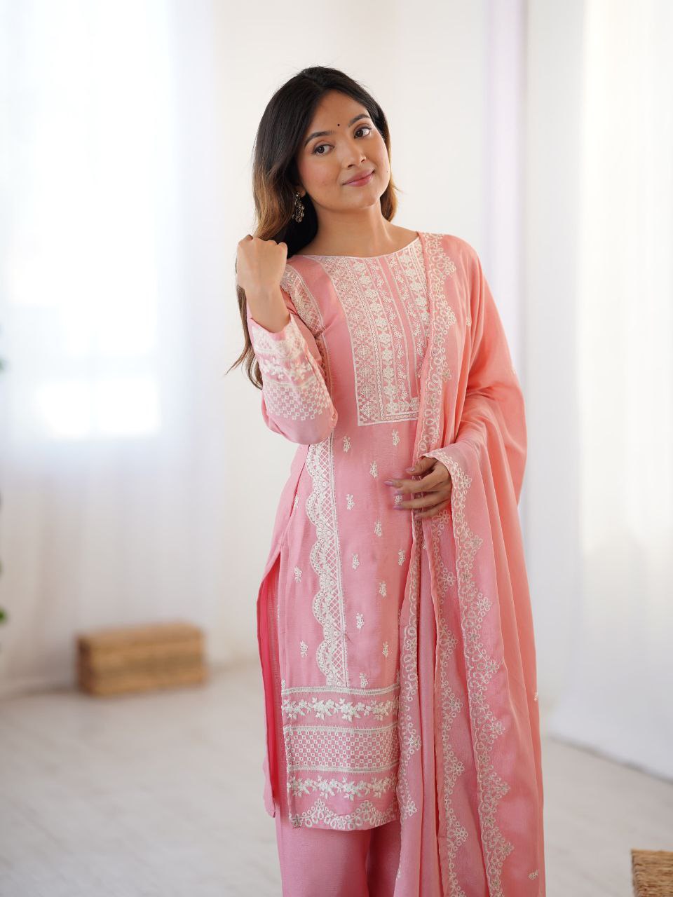 Prazu Fashion Baby Pink Chinon Silk Embroidered Salwar Suit