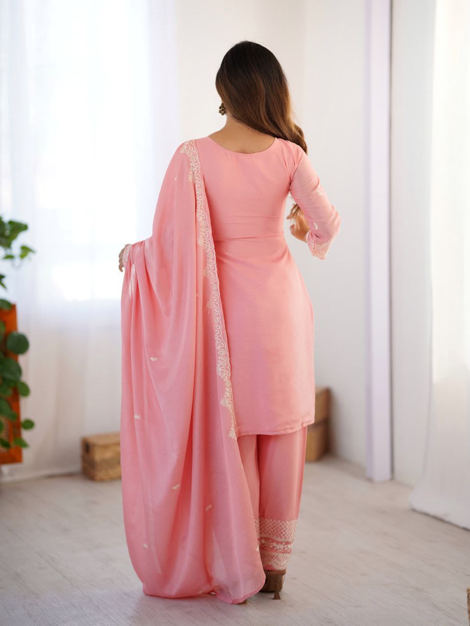 Prazu Fashion Baby Pink Chinon Silk Embroidered Salwar Suit