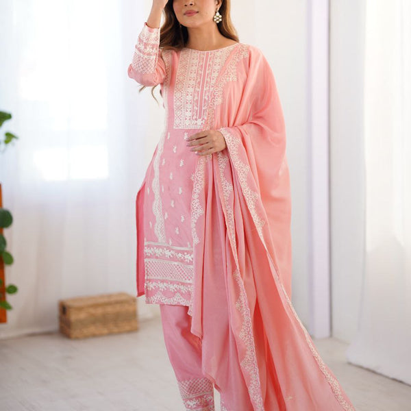 Prazu Fashion Baby Pink Chinon Silk Embroidered Salwar Suit