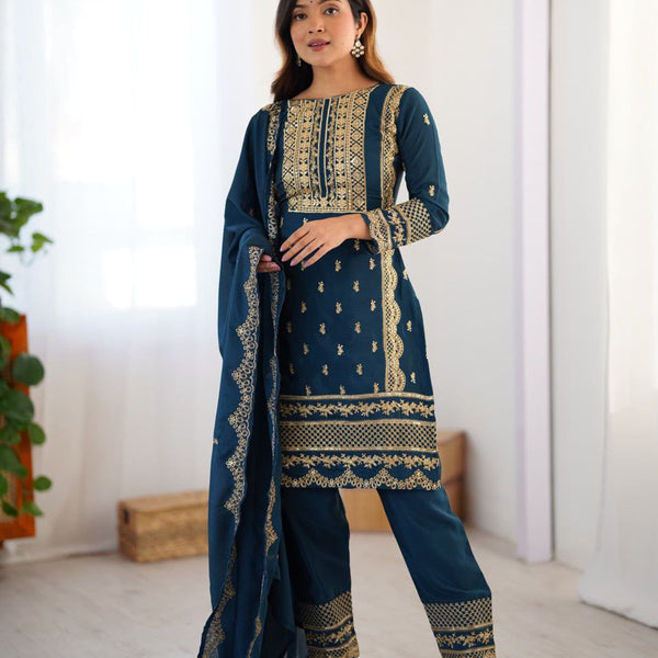 Prazu Fashion Blue Chinon Silk Embroidered Salwar Suit