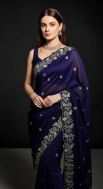 Thumbnail for Joban Fashion Blue Fandy Satin Silk Party Wear Sarees - Distacart