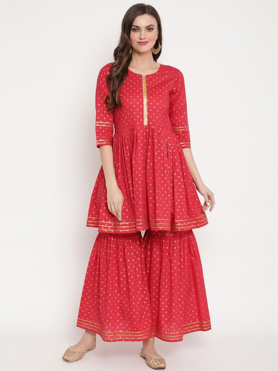 Ahalyaa Women's Red Cotton Gold Print Kurta Sharara Set