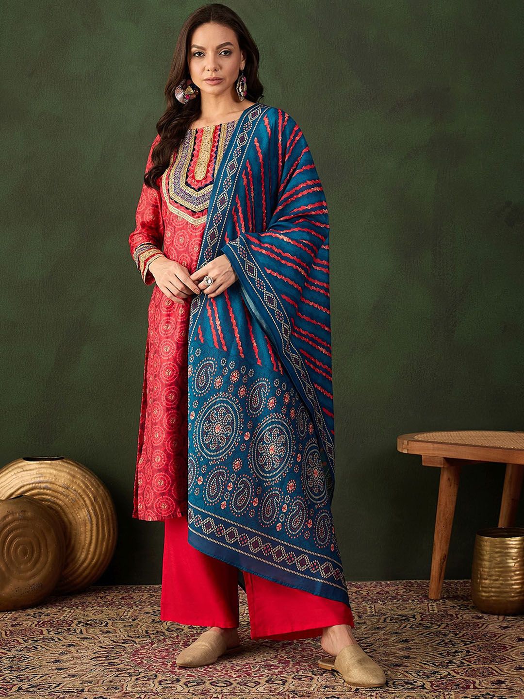 Sangria Embroidered Kurta & Palazzo With Dupatta - Distacart