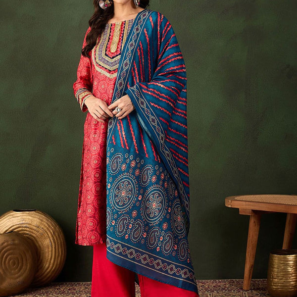 Sangria Embroidered Kurta & Palazzo With Dupatta - Distacart