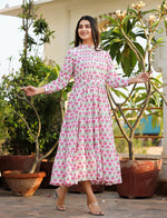 Thumbnail for Kaajh Women's Pink Floral Print Cotton Handblock Dress - Distacart
