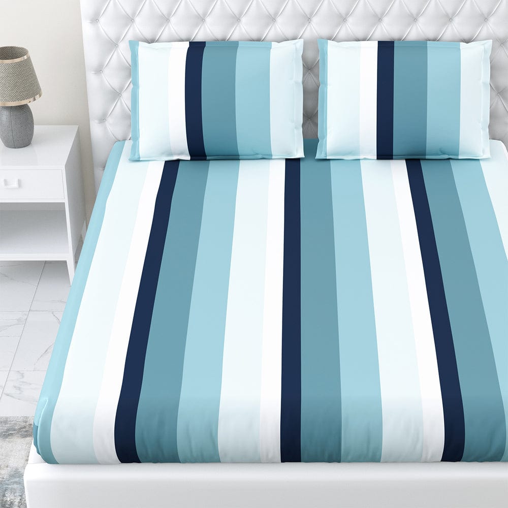 Haus & Kinder Coastal Stripes Navy 100% Cotton Double Fitted Bedsheet, 186 TC - Dista