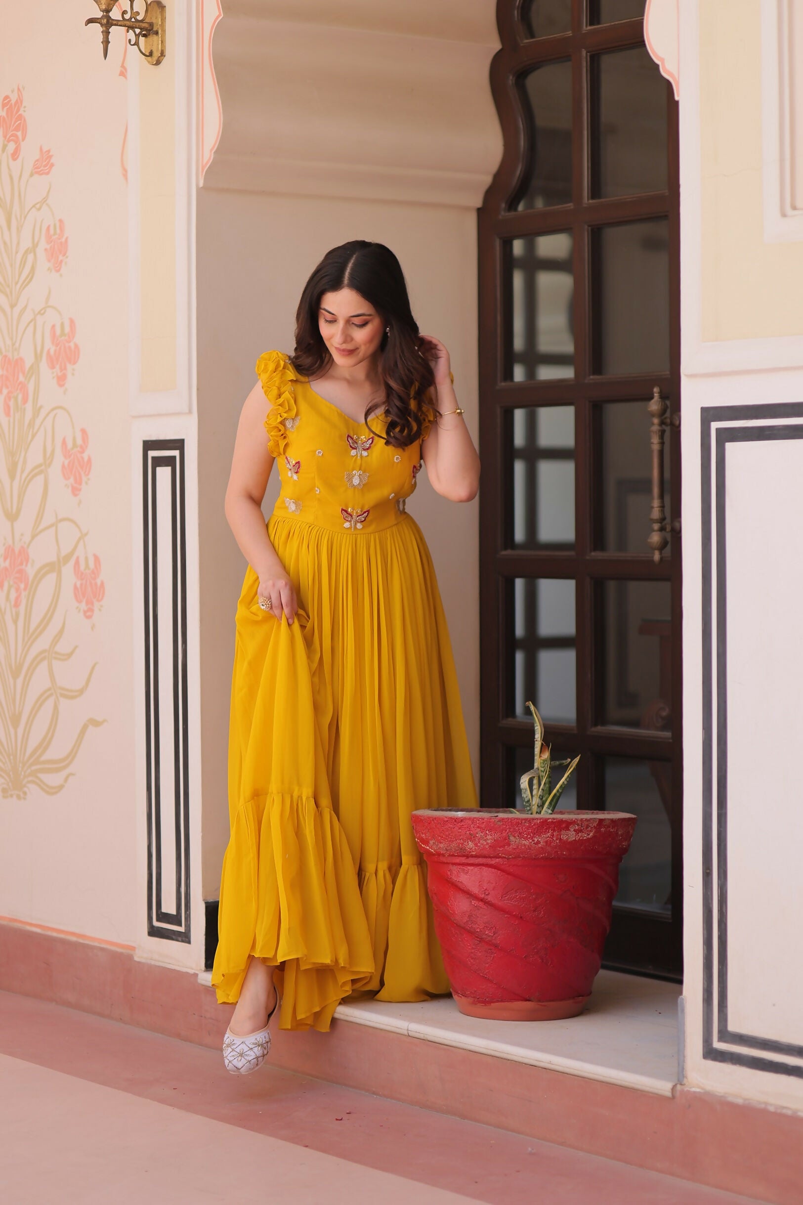 Joban Fashion Yellow Georgette Sequence Embroidery Work Gown