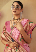 Thumbnail for Vishnu Weaves Women's Baby-Pink Paithani Silk Saree with Blouse - Distacart