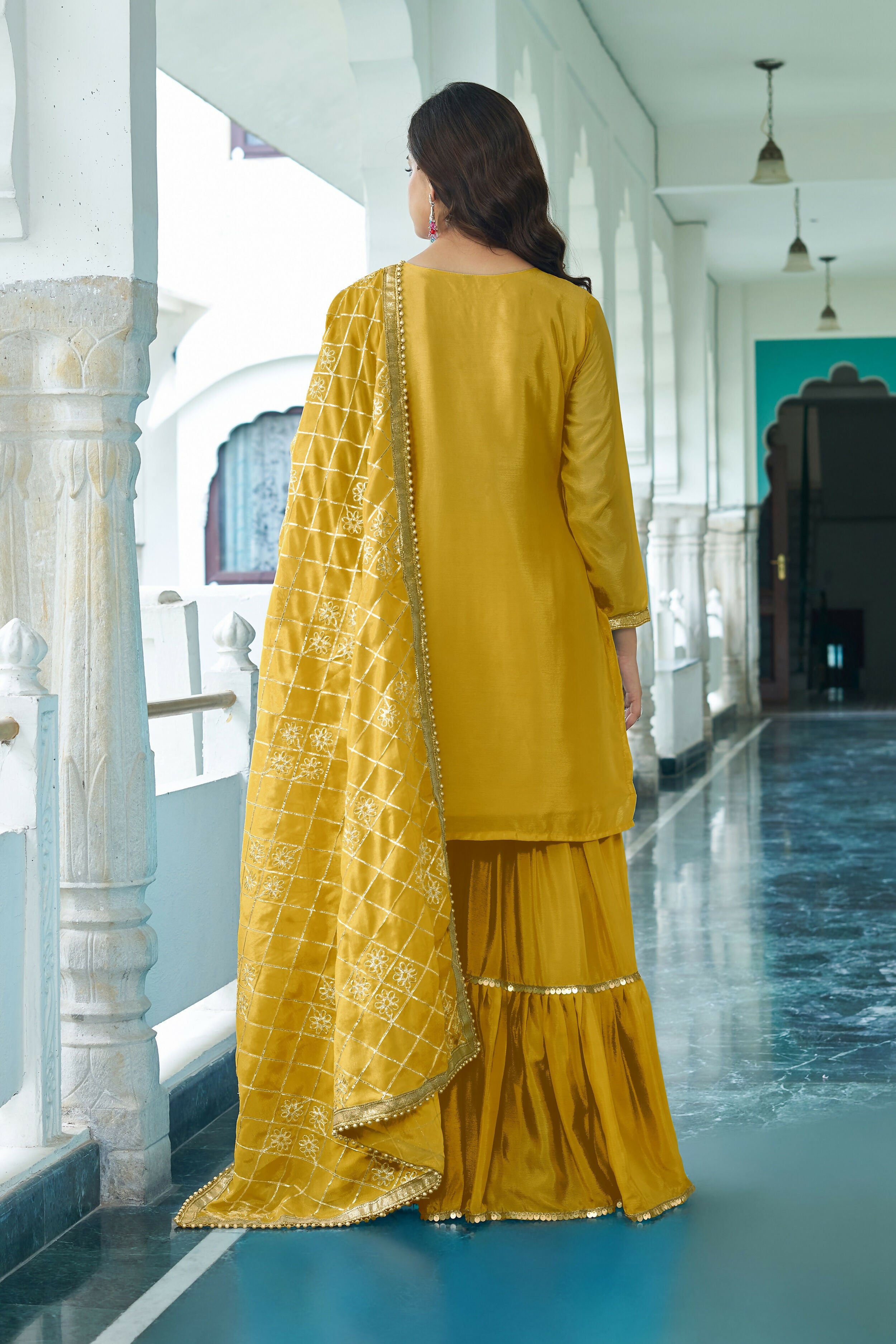 Teeya Creation Yellow Color Chinon Silk Heavy Embroidery Work Fully Stitched Salwar Suit