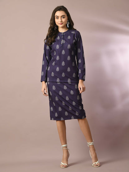Myshka Women's Navy Blue Printed Knee Length Party Embellished Skirts - Distacart