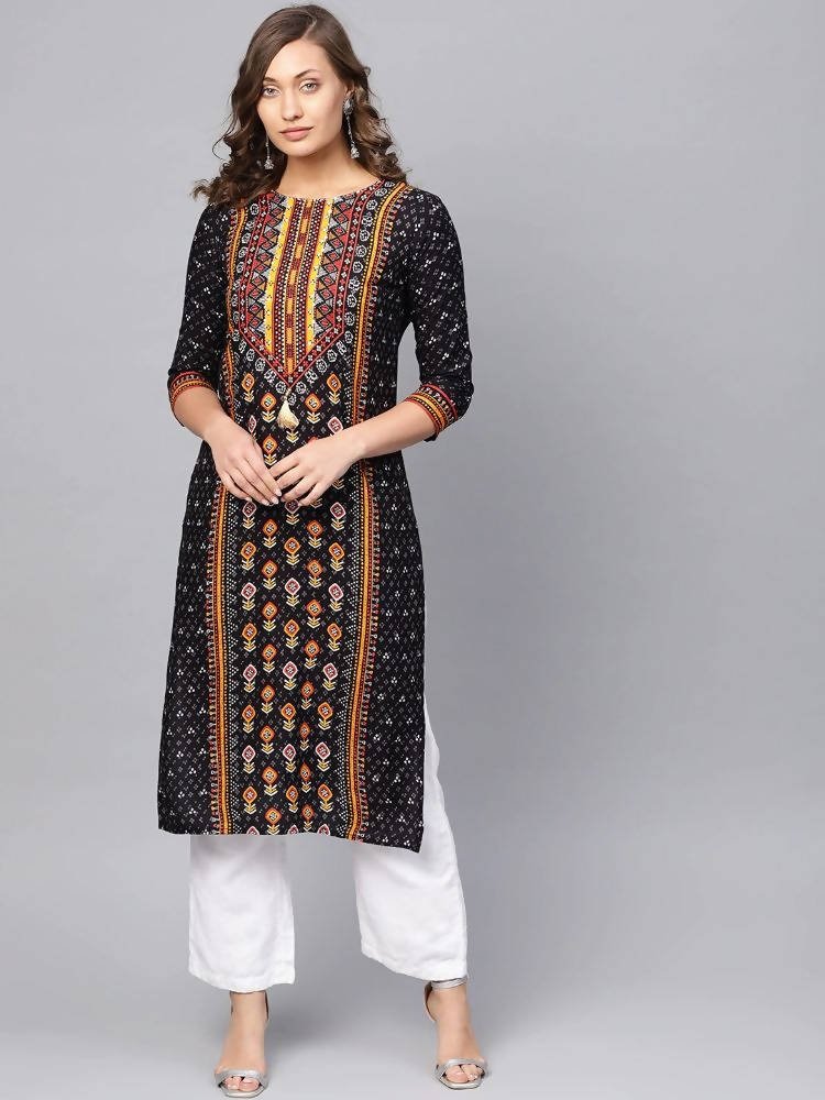 Anubhutee Black & Orange Printed Straight Kurta - Distacart