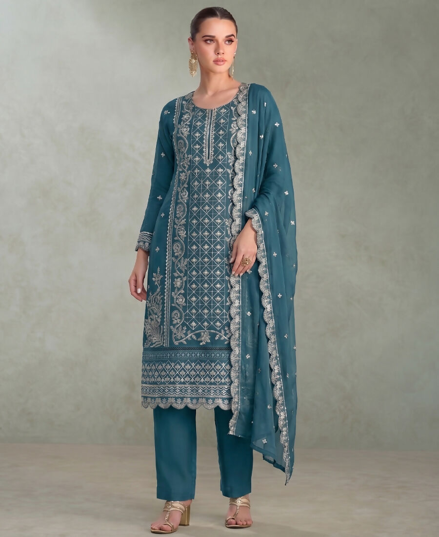KC Sky Blue Pakistani Straight Suit For Women Chiffon - Dista