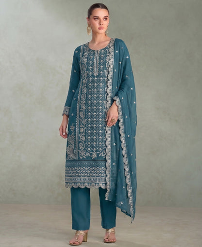 KC Sky Blue Pakistani Straight Suit For Women Chiffon - Dista