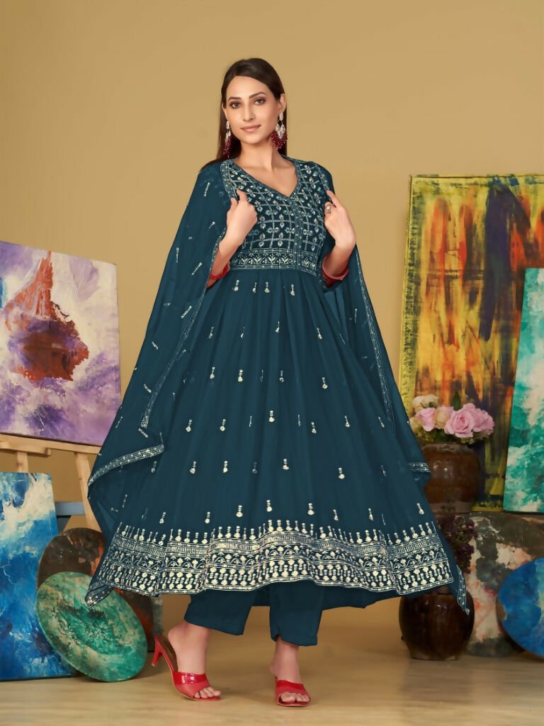 Jyoti Fashion Women's Rama Georgette Embroidered Anarkali Kurta Pant Set With Dupatta - Distacart