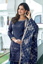 Thumbnail for Teeya Creation Blue Colour Chinnon Silk Heavy Embroidery Work Fully Stitched Salwar Suit - Distacart