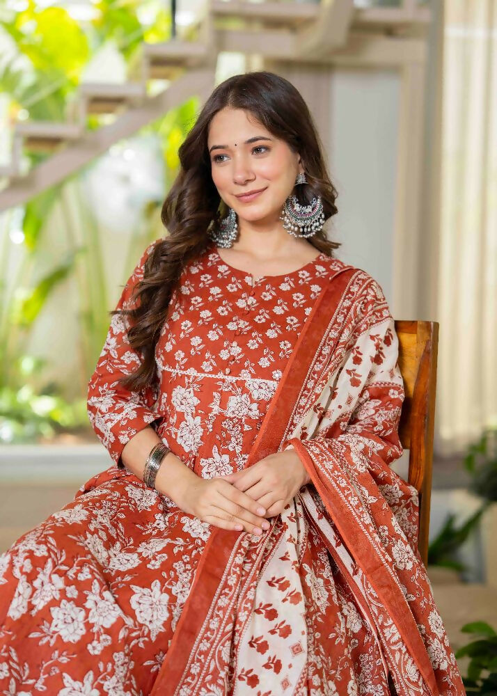 Jaimini Women Cotton Printed Round Neck 3/4 Sleeves Calf Length Flared Kurta Pant And Dupatta Set - Dista