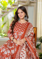 Thumbnail for Jaimini Women Cotton Printed Round Neck 3/4 Sleeves Calf Length Flared Kurta Pant And Dupatta Set - Dista
