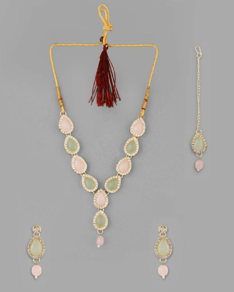 VOJ Gold Plated Nude Pink And Mint Green Stone Studded Jewellery Set With Maang Tikka - Distacart