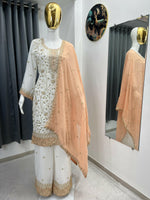 Thumbnail for Teeya Creation White Color Faux Georgette Embroidery Work Long Party Wear Palazzo Suit - Distacart