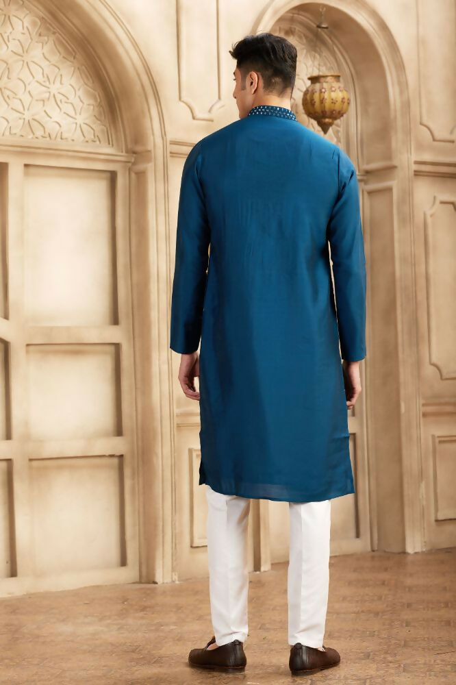 Raivat Ethnic Banarasi Art Silk Mirror Work Kurta Pajama In Blue Colour