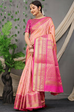 Thumbnail for Jyoti Fashion Women's Peach Kanjivaram Silk Zari Woven Saree with Blouse - Distacart