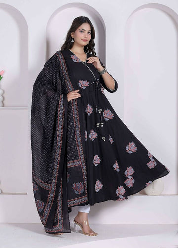 Miravan Black Printed Cotton Anarkali Kurta & Dupatta For Women - Dista
