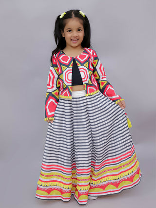 Lil Drama Shor-Gul Multicolor Lehanga Choli with Jacket Set for Girls