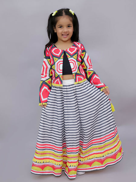 Lil Drama Shor-Gul Multicolor Lehanga Choli with Jacket Set for Girls