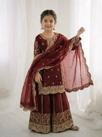Thumbnail for Teeya Creation Girls Heavy Embroidery Ethnic Kurta And Palazzo Set With Net Dupatta - Dista
