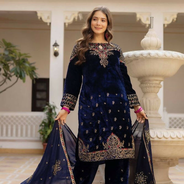 Teeya Creation Blue Color Pure Velvet Embroidery Work Wedding Wear Salwar Suit - Distacart