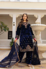 Thumbnail for Teeya Creation Blue Color Pure Velvet Embroidery Work Wedding Wear Salwar Suit - Distacart