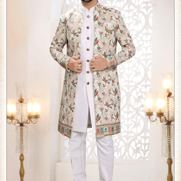 Joban Fashion Men's White Straight Silk Thread And Sequence Embroidery All Over 3 Pc Kurta Set - Distacart