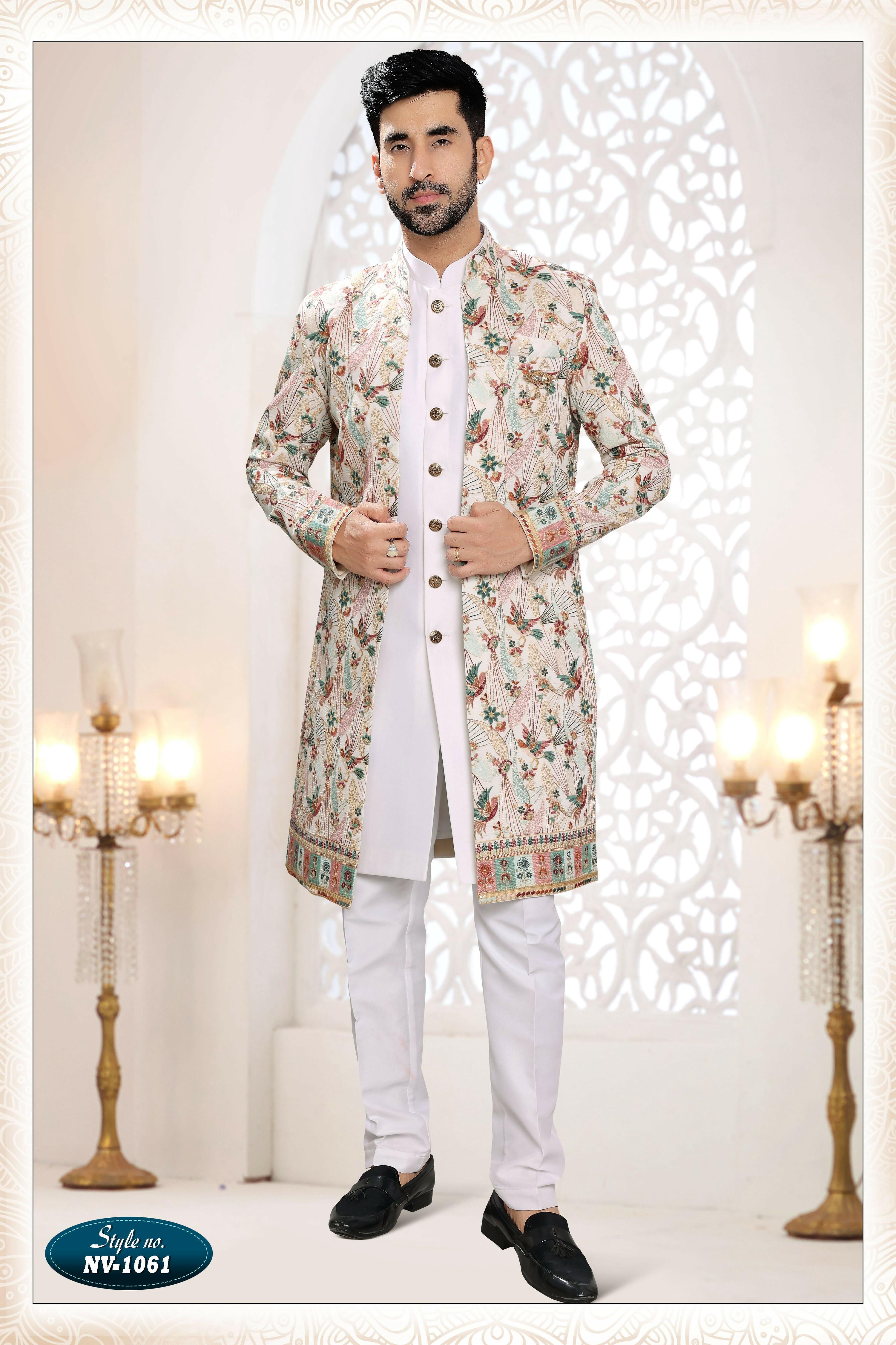 Joban Fashion Men's White Straight Silk Thread And Sequence Embroidery All Over 3 Pc Kurta Set - Distacart