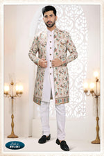 Thumbnail for Joban Fashion Men's White Straight Silk Thread And Sequence Embroidery All Over 3 Pc Kurta Set - Distacart