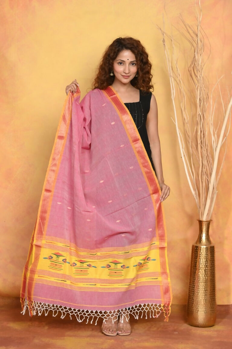 Very Much Indian Handloom Pure Cotton Paithani Dupatta Pink - Distacart