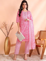 Thumbnail for Ode by House of Pataudi Thread Work Pure Cotton Straight Kurta with Trousers & Dupatta - Distacart