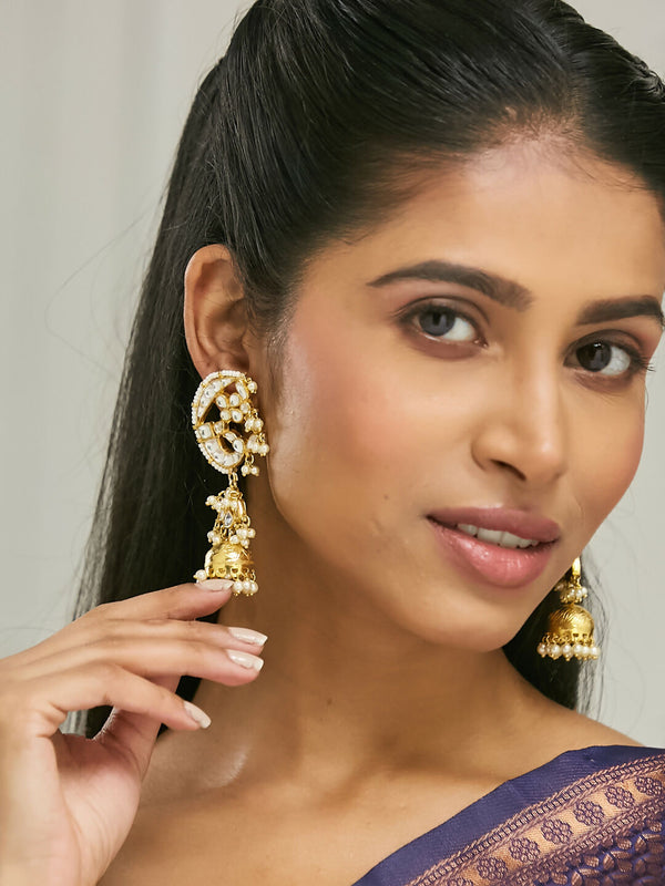 Nuyug 22K Gold-Plated Elegant Kundan Stone Studded & Pearl Drops Mini Jhumki Dangler Earrings
