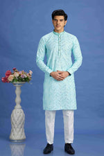 Thumbnail for Raivat Ethnic Cotton Embroidery Kurta Pajama In Sky Blue Colour - Dista