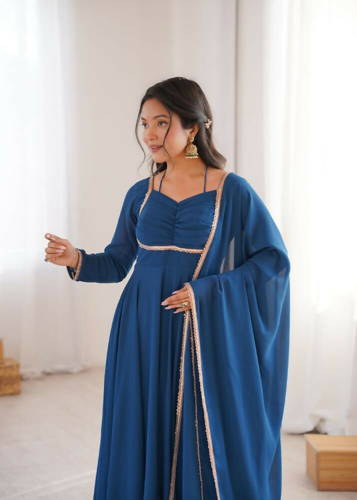 Lehenga Mart Designer Anarkali Suit With Kurta, Dupatta For Women-Teal Blue - Distacart