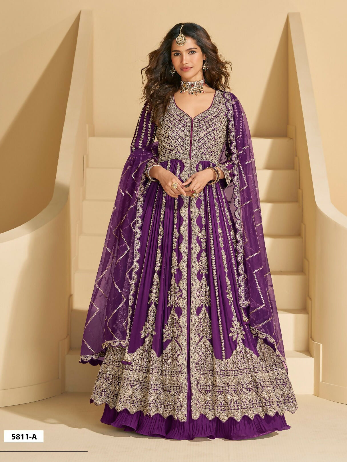 Anaita Purple Chinon Readymade Anarkali Lehenga with Heavy Embroidery Work - Distacart