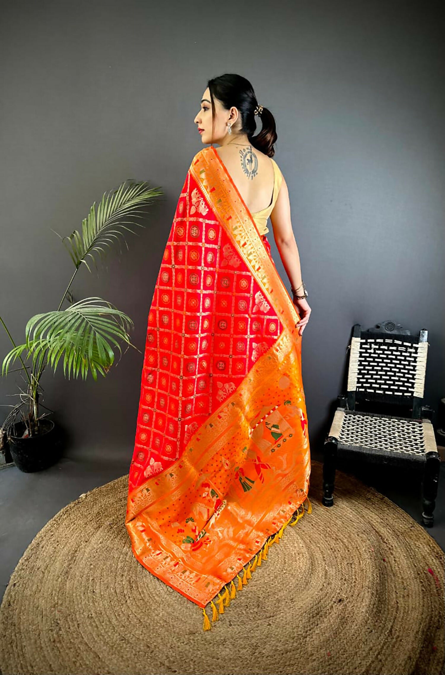 Joban Fashion Red Butti Motifs Soft Silk Patola Saree