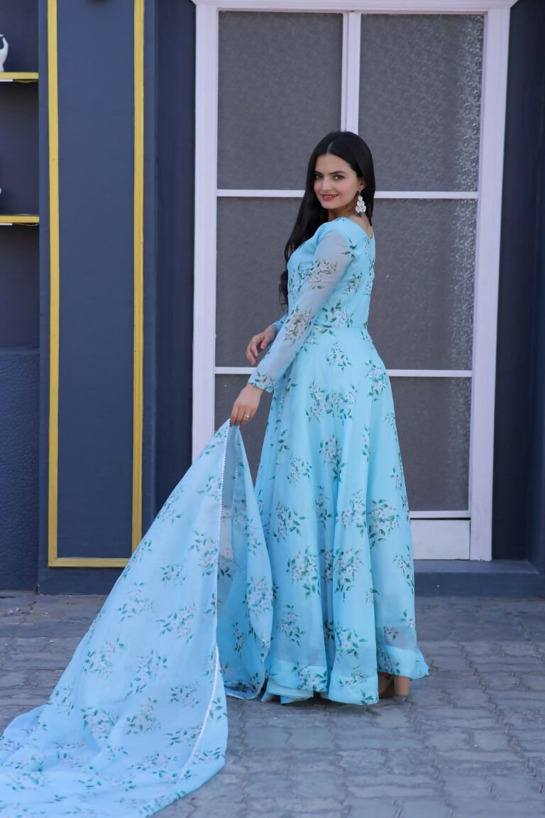 Aastha Fashion Women's Turquoise Tebby Silk Floral Printed Anarkali Dress with Dupatta - Distacart