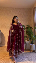 Thumbnail for Teeya Creation Maroon Color Faux Georgette Long Party Wear Gown - Distacart